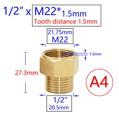 Mjed 3/8 1/2 inča M22 M14 M18 navojni konektor Vodovodna slavina Bakrena metalna navojna vodovodna cijev Spojka Adapter za slavinu 1 kom