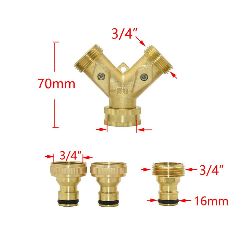 Distribuitor de apă de la robinet de grădină în 2 căi din alamă 3/4 Y Supapă de irigare Conector rapid Adaptor pentru robinet pentru furtun de grădină 1 set