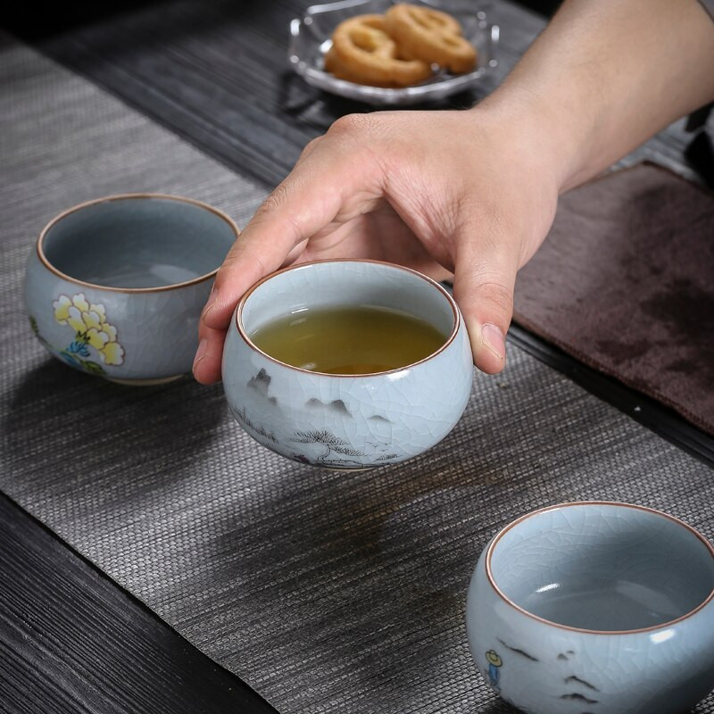 Boutique Ru Kiln ceașcă de ceai din ceramică cu flori pictate manual ceașcă de meditație de călătorie bol de ceai cravată Guanyin Pu'er Master Cup set de ceai Cadouri