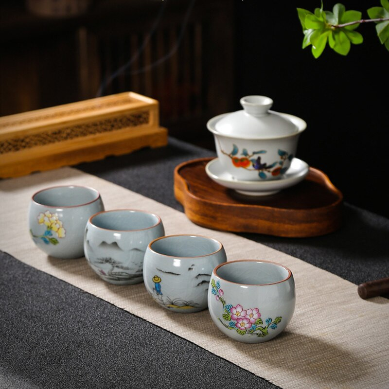 Boutique Ru Kiln ceașcă de ceai din ceramică cu flori pictate manual ceașcă de meditație de călătorie bol de ceai cravată Guanyin Pu'er Master Cup set de ceai Cadouri