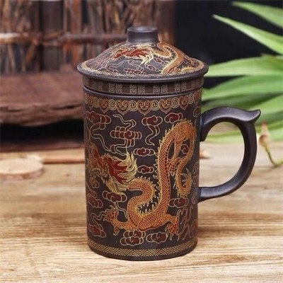 Kézzel készített Yixing Dragon/Beauty Purple Clay teás bögre fedéllel és teainfuzáló teáscsésze Irodai vizes csésze ajándékbögre Italkészlet