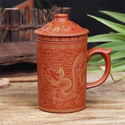 Kézzel készített Yixing Dragon/Beauty Purple Clay teás bögre fedéllel és teainfuzáló teáscsésze Irodai vizes csésze ajándékbögre Italkészlet