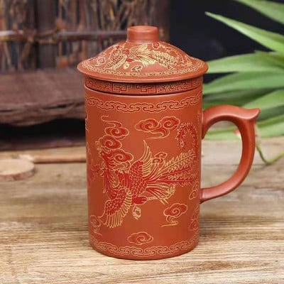 Kézzel készített Yixing Dragon/Beauty Purple Clay teás bögre fedéllel és teainfuzáló teáscsésze Irodai vizes csésze ajándékbögre Italkészlet