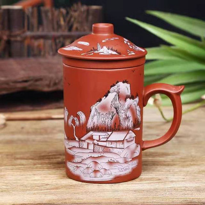Kézzel készített Yixing Dragon/Beauty Purple Clay teás bögre fedéllel és teainfuzáló teáscsésze Irodai vizes csésze ajándékbögre Italkészlet