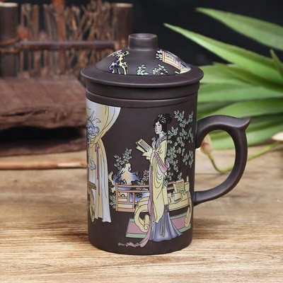 Kézzel készített Yixing Dragon/Beauty Purple Clay teás bögre fedéllel és teainfuzáló teáscsésze Irodai vizes csésze ajándékbögre Italkészlet