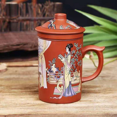 Kézzel készített Yixing Dragon/Beauty Purple Clay teás bögre fedéllel és teainfuzáló teáscsésze Irodai vizes csésze ajándékbögre Italkészlet
