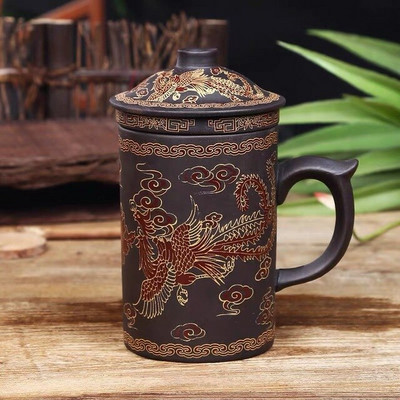 Kézzel készített Yixing Dragon/Beauty Purple Clay teás bögre fedéllel és teainfuzáló teáscsésze Irodai vizes csésze ajándékbögre Italkészlet