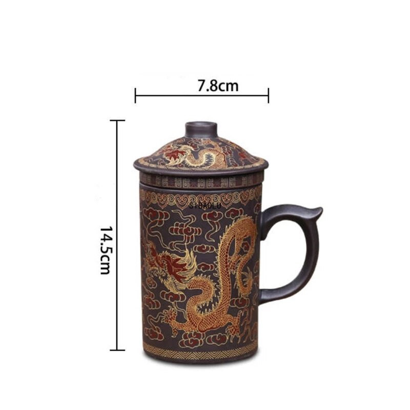 Kézzel készített Yixing Dragon/Beauty Purple Clay teás bögre fedéllel és teainfuzáló teáscsésze Irodai vizes csésze ajándékbögre Italkészlet