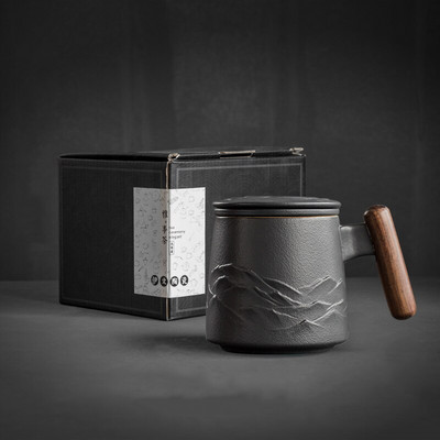 Fekete kerámia szűrős bögre Irodai teáscsésze kávé Kreatív bögrék Kávéscsészék Retro vizes csésze teatartozékok teáskészlet Tazas ajándék készlet