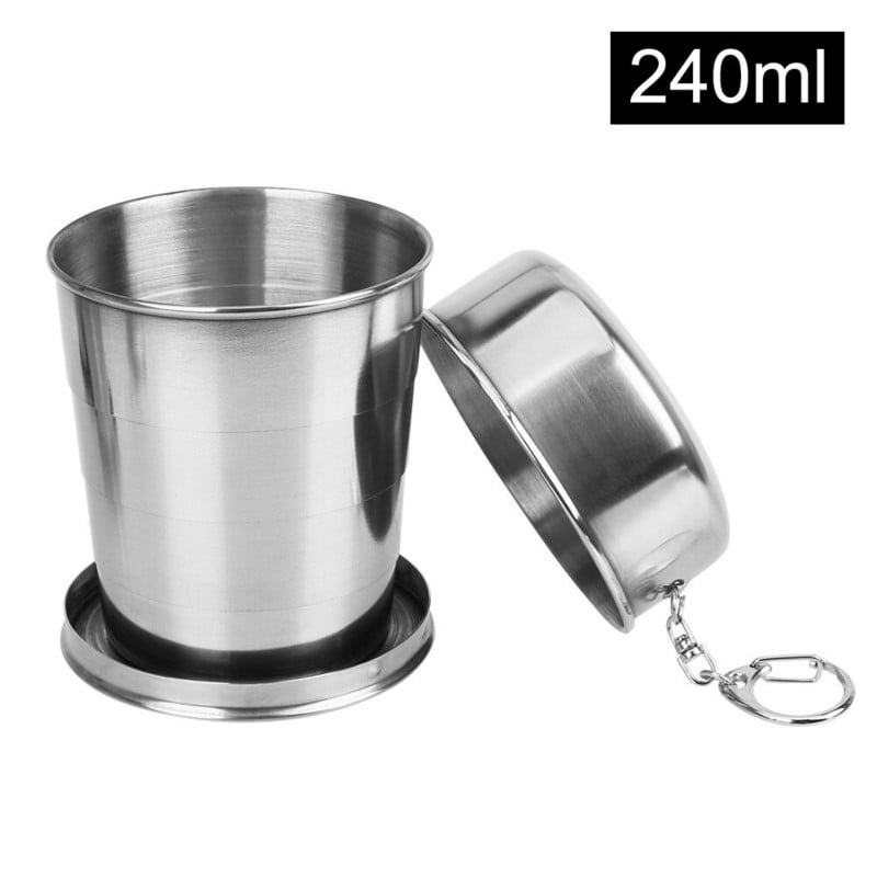 Kulcstartóval, rozsdamentes acél összecsukható csészével 75/140/240 ml kültéri utazáshoz, behúzható teleszkópos összecsukható poharak, hordozható