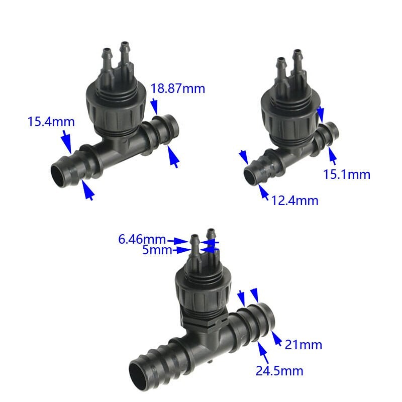 Csepegtető öntözés 16 mm 20 mm 25 mm-től 1/4-ig Tömlő szűkítő T-vízelosztó 1/2 3/4 1" - 1/4 tömlő 2 utas csepegtetők csatlakoztatásához 1db
