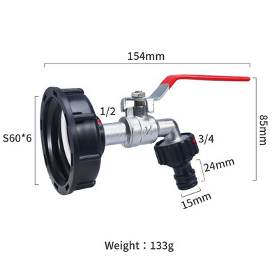1 buc 1000L Adaptor pentru rezervor de apă S60 * 6 la 1/2'' 3/4'' Conector pentru furtun de grădină Grosește robinet de supapă de înlocuire a rezervorului IBC