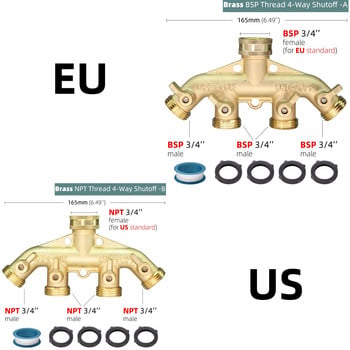 Προσαρμογέας εύκαμπτου σωλήνα κήπου από συμπαγή ορείχαλκο 3/4 ιντσών 4 Way Tap Connectors Διανομέας διακόπτης βαλβίδας διαχωριστές νερού για πότισμα άρδευσης