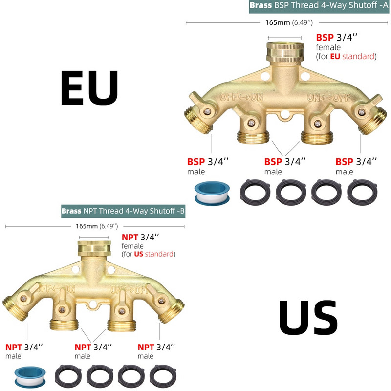 Adaptor pentru furtun de grădină din alamă solidă de 3/4 inch Conectori de robinet cu 4 căi Distribuitor Comutator Supapă Distribuitoare de apă pentru udare irigare