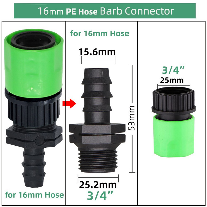 16 mm-es gyorscsatlakozó csonk EURO USA 3/4 hüvelykes apa menetes 16 mm-es/20 mm-es tömlőcső-csatlakozó kerti csepegtető öntözési csőszerelvényekhez