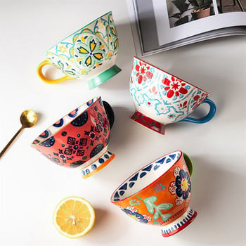 Κεραμικό φλιτζάνι καφέ Bohemian Flower Painted INS Breakfast Cup Υψηλής χωρητικότητας 420ML Φλιτζάνι τσαγιού Είδη κουζίνας Μπαρ τραπεζαρίας