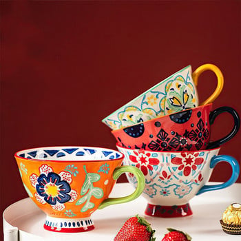 Κεραμικό φλιτζάνι καφέ Bohemian Flower Painted INS Breakfast Cup Υψηλής χωρητικότητας 420ML Φλιτζάνι τσαγιού Είδη κουζίνας Μπαρ τραπεζαρίας