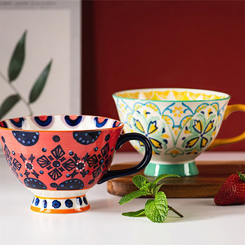 Κεραμικό φλιτζάνι καφέ Bohemian Flower Painted INS Breakfast Cup Υψηλής χωρητικότητας 420ML Φλιτζάνι τσαγιού Είδη κουζίνας Μπαρ τραπεζαρίας