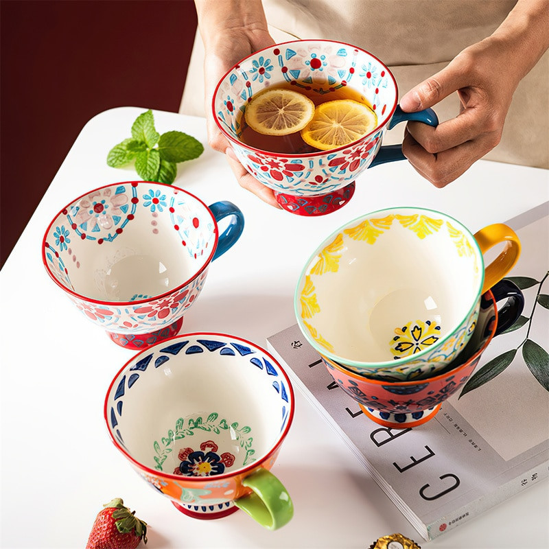 Ceașă de cafea din ceramică, floare boemă, pictată manual INS, ceașcă de mic dejun, cană de ceai de mare capacitate, 420 ml, articole de apă, bucătărie, sufragerie, bar