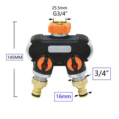 Kerti csapvízcső 2/4 utas elosztó 3/4" menetes sárgaréz műanyag Y-típusú kerti tömlőosztó 16 mm-es csatlakozóval
