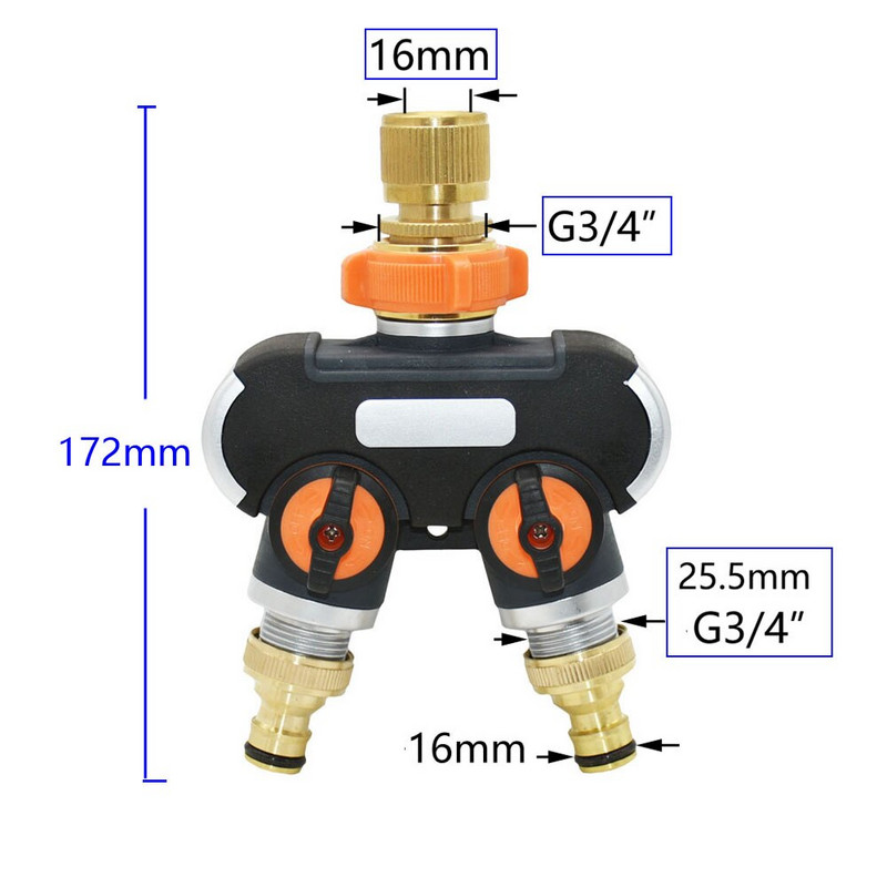 Kerti csapvízcső 2/4 utas elosztó 3/4" menetes sárgaréz műanyag Y-típusú kerti tömlőosztó 16 mm-es csatlakozóval