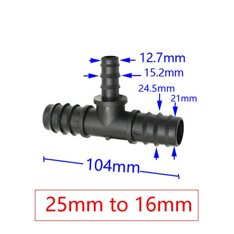 T formos nuo 1" iki 3/4" iki 1/2" sodo žarnos trišakio jungties reduktoriaus vandens skirstytuvo spygliuočio vandens jungtis, skirta 25 mm/20 mm/16 mm žarnai 2 vnt.