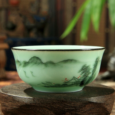 60ml Celadon Landscape/Orchidea/Bambusz Rím teáscsésze Kézzel festett Dombornyomott Singer Carp Fish Creative Chinese Pu'er Cup 7*3,2cm