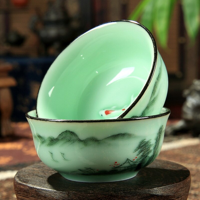 60ml Celadon Landscape/Orchidea/Bambusz Rím teáscsésze Kézzel festett Dombornyomott Singer Carp Fish Creative Chinese Pu'er Cup 7*3,2cm