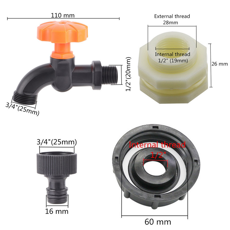 S60X6 IBC tartály adapter 1/2" menetes csaptelep kerti tömlő csaptelep meghosszabbítja a csatlakozót víztartály adapter szerelvények 1 db