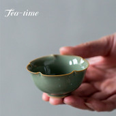 2db/készlet 50 ml-es kézzel készített Yue kemence Celadon teáscsészék Retro virágszájú kerámia csésze Személyes teástál Háztartási Kung Fu Tea Master Cup