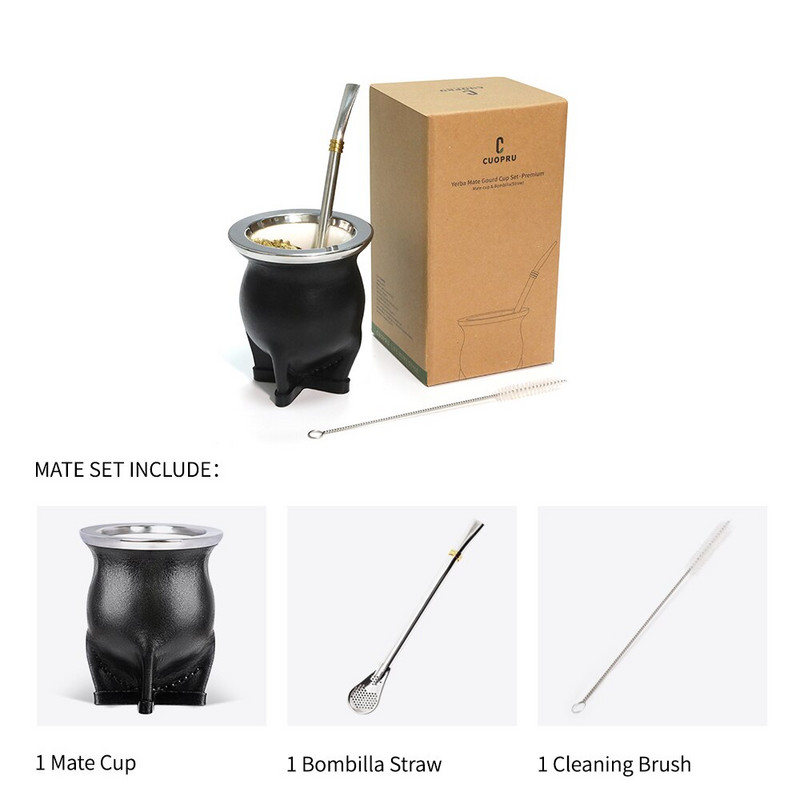 Argentina Yerba Mate puodelis su keramikiniu pamušalu šiaudų arbatos moliūgo puodelis One Bombilla Mate (šiaudeliai) ir valymo šepetys