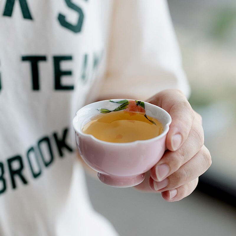 2 buc/lot 40 ml Ceașă de ceai din ceramică cu flori pictate manual, cu petală creativă, cu petale înalte, set portabil de ceai Kung Fu Puer