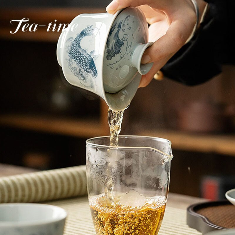 Japán stílusú kerámia mesterpohár fedővel Retro pontyhal nagy teacsésze teafőző Gaiwan egyenes szájú egypohár csészealjjal
