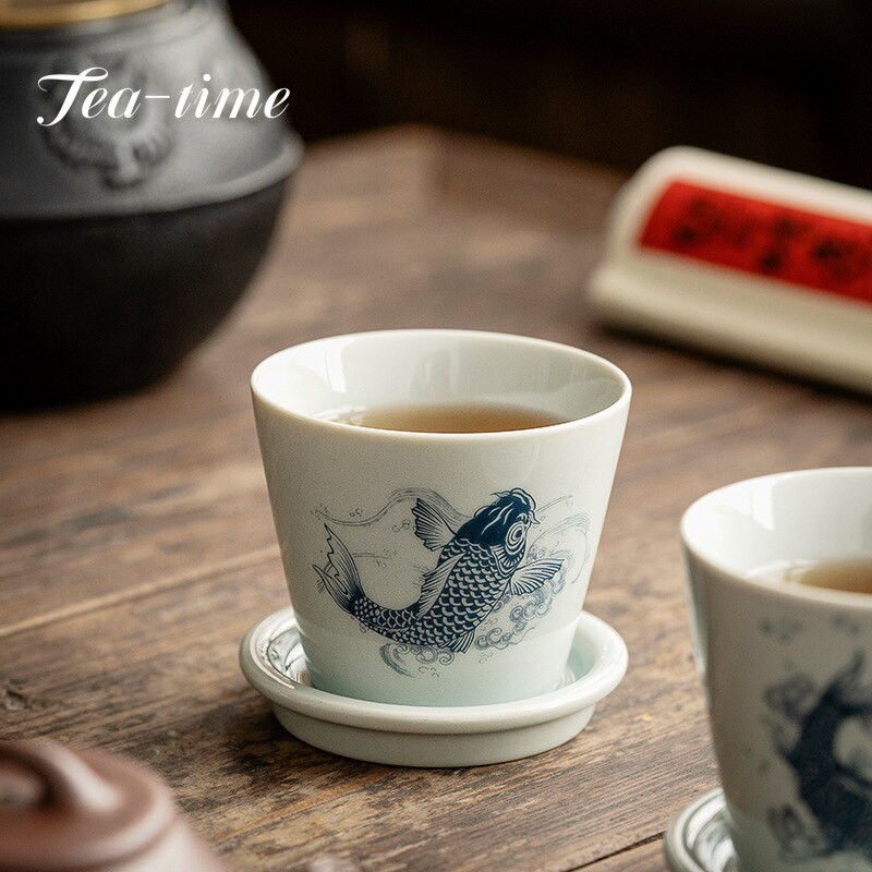 Japán stílusú kerámia mesterpohár fedővel Retro pontyhal nagy teacsésze teafőző Gaiwan egyenes szájú egypohár csészealjjal