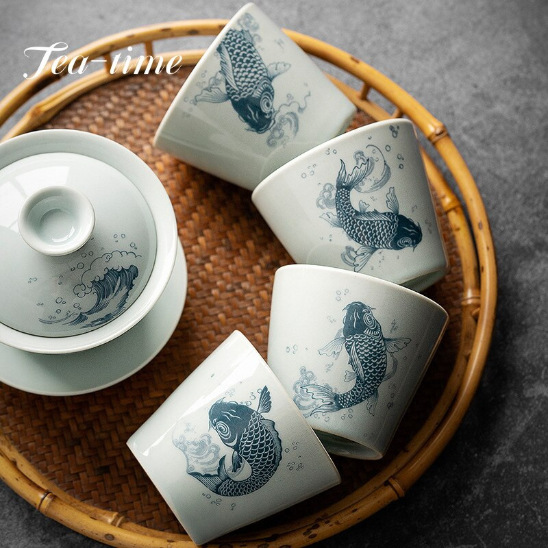 Japán stílusú kerámia mesterpohár fedővel Retro pontyhal nagy teacsésze teafőző Gaiwan egyenes szájú egypohár csészealjjal