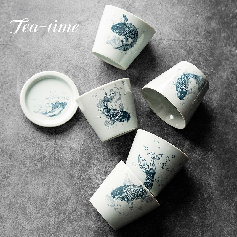 Japán stílusú kerámia mesterpohár fedővel Retro pontyhal nagy teacsésze teafőző Gaiwan egyenes szájú egypohár csészealjjal