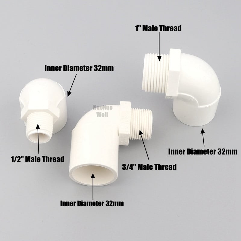 1 vnt. 20 25 32 mm iki 1/2" 3/4" 1" vyriško sriegio alkūnės jungtis sodo drėkinimo balta PVC jungtis 90 laipsnių vienodo reduktoriaus mova