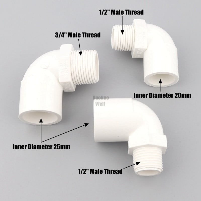 1 vnt. 20 25 32 mm iki 1/2" 3/4" 1" vyriško sriegio alkūnės jungtis sodo drėkinimo balta PVC jungtis 90 laipsnių vienodo reduktoriaus mova