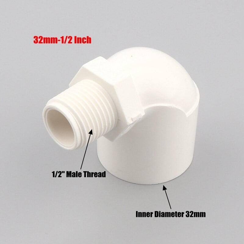 1 vnt. 20 25 32 mm iki 1/2" 3/4" 1" vyriško sriegio alkūnės jungtis sodo drėkinimo balta PVC jungtis 90 laipsnių vienodo reduktoriaus mova