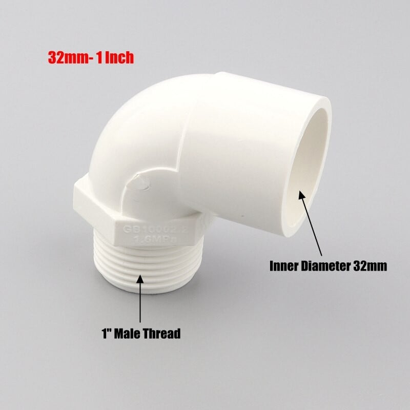1 vnt. 20 25 32 mm iki 1/2" 3/4" 1" vyriško sriegio alkūnės jungtis sodo drėkinimo balta PVC jungtis 90 laipsnių vienodo reduktoriaus mova