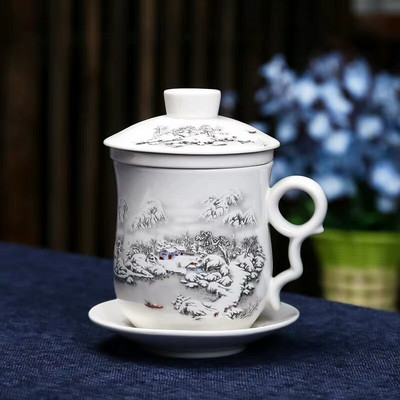 Cești de ceai de birou din porțelan albastru și alb, cu filtru de capac, cești de apă, pictate manual, din ceramică, cadouri pentru uz casnic