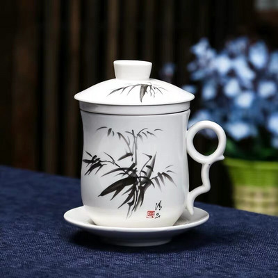 Cești de ceai de birou din porțelan albastru și alb, cu filtru de capac, cești de apă, pictate manual, din ceramică, cadouri pentru uz casnic