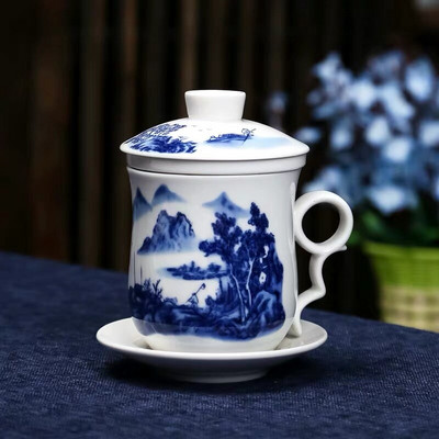 Cești de ceai de birou din porțelan albastru și alb, cu filtru de capac, cești de apă, pictate manual, din ceramică, cadouri pentru uz casnic