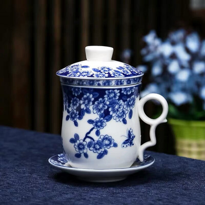 Cești de ceai de birou din porțelan albastru și alb, cu filtru de capac, cești de apă, pictate manual, din ceramică, cadouri pentru uz casnic