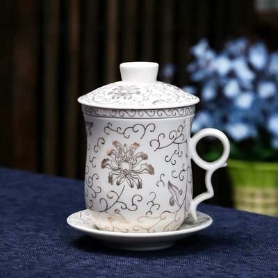 Cești de ceai de birou din porțelan albastru și alb, cu filtru de capac, cești de apă, pictate manual, din ceramică, cadouri pentru uz casnic