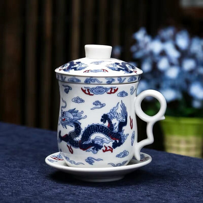 Cești de ceai de birou din porțelan albastru și alb, cu filtru de capac, cești de apă, pictate manual, din ceramică, cadouri pentru uz casnic