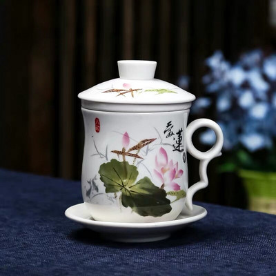 Cești de ceai de birou din porțelan albastru și alb, cu filtru de capac, cești de apă, pictate manual, din ceramică, cadouri pentru uz casnic