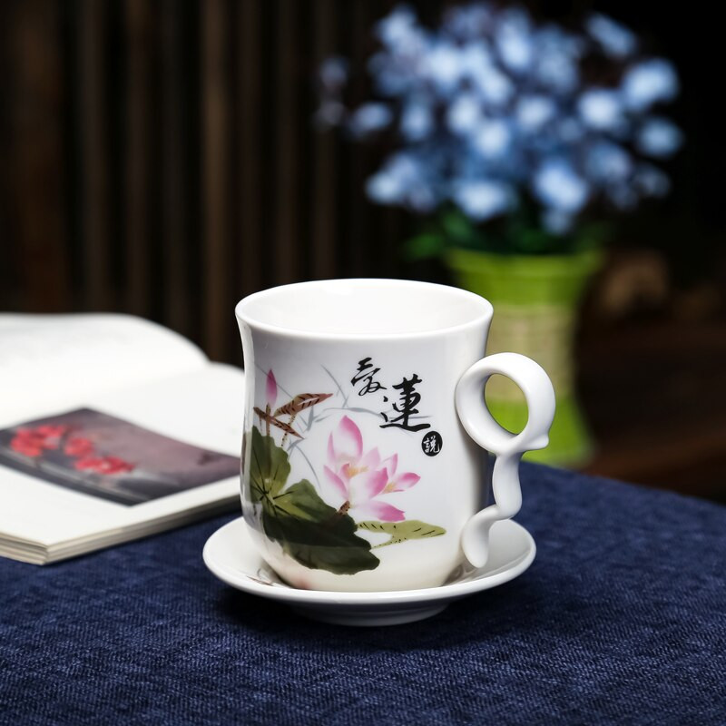 Cești de ceai de birou din porțelan albastru și alb, cu filtru de capac, cești de apă, pictate manual, din ceramică, cadouri pentru uz casnic