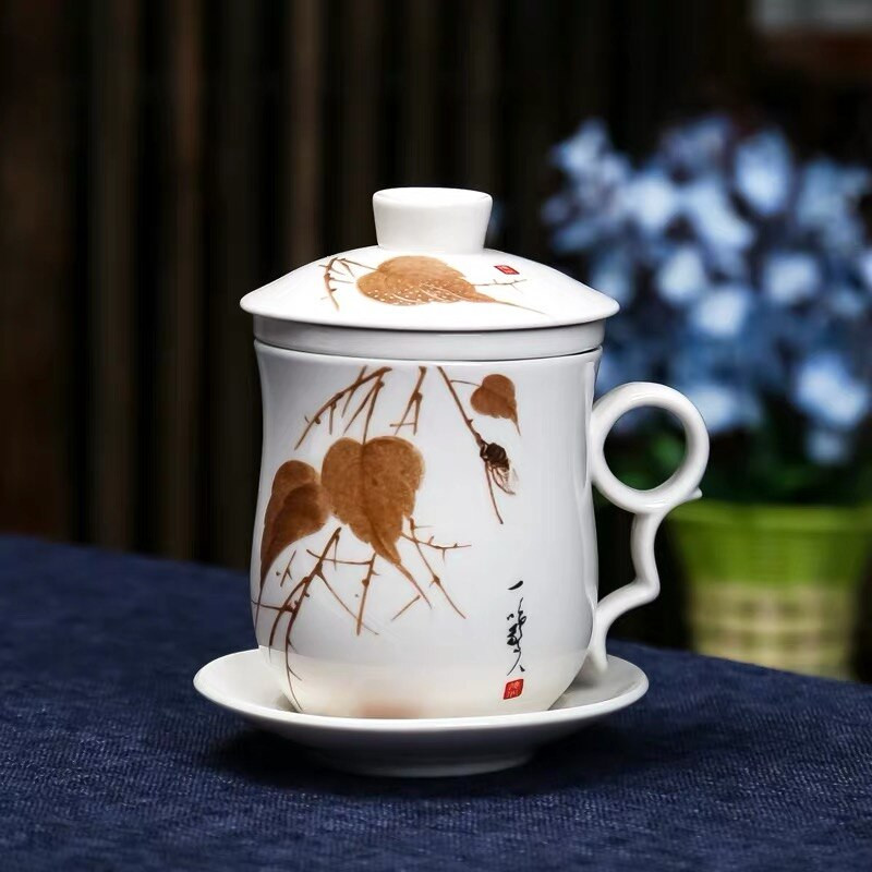 Cești de ceai de birou din porțelan albastru și alb, cu filtru de capac, cești de apă, pictate manual, din ceramică, cadouri pentru uz casnic