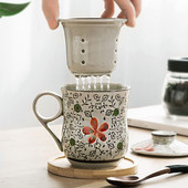 Kék-fehér porcelán teáscsésze kerámia kézzel festett retro vízelválasztó bögre fedőszűrővel Irodai teáscsészék Italkészlet